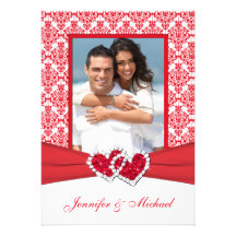 Red & White Damask & Hearts Photo Invitation