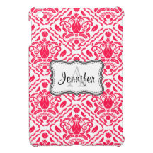 Red & White Damask monogram iPad mini case