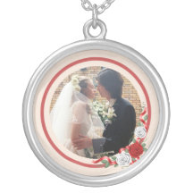 Red & White Roses Wedding Photo Silver Necklace