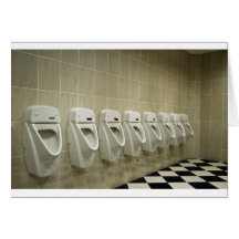 restroom interior with urinal row cards