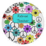Retired Teacher Retro Flowers and Peace Signs Dinner Plate