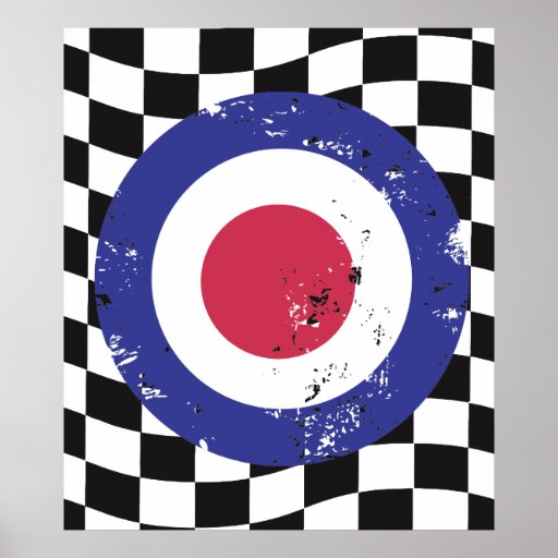 Retro aged mod target on check background posters