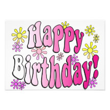 Retro Flowers and Pink Happy Birthday Party Personalized Announcement