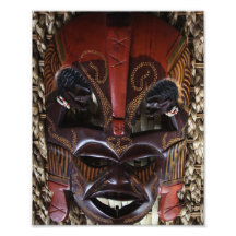 Ritual African Tribal Wooden Carved Mask Brown Red Photographic Print