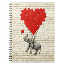 Romantic elephant & heart balloons spiral notebooks