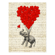 Romantic elephant & heart balloons post card