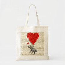 Romantic elephant & heart balloons tote bag