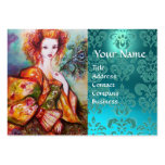 ROMANTIC WOMAN WITH PEACOCK FEATHER Blue Damask Business Card Templates