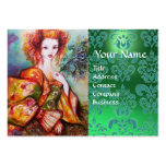 ROMANTIC WOMAN WITH PEACOCK FEATHER Green Damask Business Card Templates