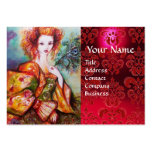 ROMANTIC WOMAN WITH PEACOCK FEATHER Red  Damask Business Card Template