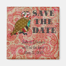 Rose Owl Save the Date Red Boho Magnet