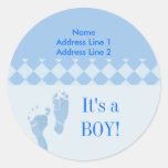 Round Address Label Blue Baby Feet Baby Shower Round Sticker