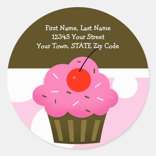 ROUND Address Labels Cherry Cupcake Brown/Pink Round Sticker