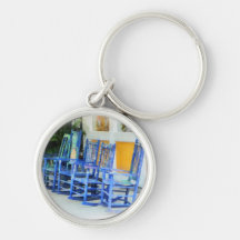 Row of Blue Rocking Chairs Key Chain