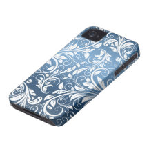 Royal Blue and White Floral Damask Pattern iPhone 4 Cases