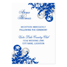 Royal Blue Silver Flourish Wedding Reception Cards Business Cards
