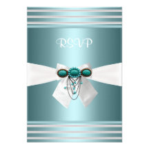 RSVP Elegant Teal Blue Stripe White Bow Jewel Invitation