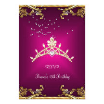 RSVP Quinceanera Birthday Pink Tiara Gold Diamond Invites