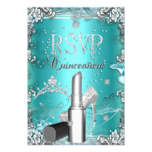 RSVP Quinceanera Party Teal Tiara Lipstick Shoe Invites