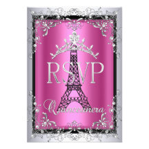 RSVP Quinceanera Pink Silver Tiara Eiffel Tower Announcements