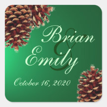 Rustic green pine cone custom wedding labels square sticker
