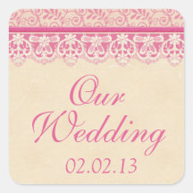Rustic Pink Ivory Lace Wedding Envelope Seal Square Sticker