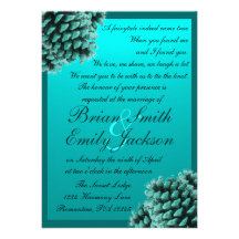 Rustic winter blue pine cone wedding invitations