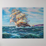 Sailboat on Rough Waters Oil Painting Framed Print