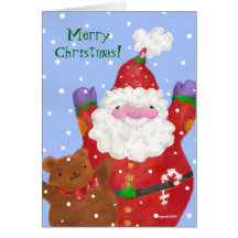 santa and teddy in snow Christmas card