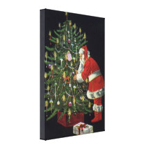 Santa Claus Lighting Candles on the Christmas Tree Stretched Canvas Print