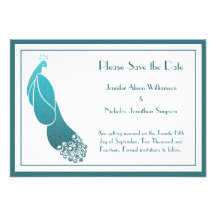 Save the Date Art Deco Peacock in Teal Green Custom Announcement