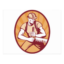 sawyer logger sawing crosscut saw post card