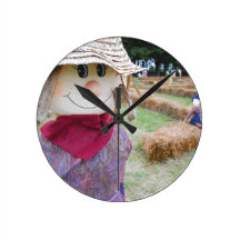 Scarecrow in a Pumpkin Patch Round Clock