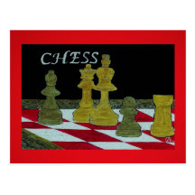 Scratchboard Art of King and Queen Chess Players Post Card