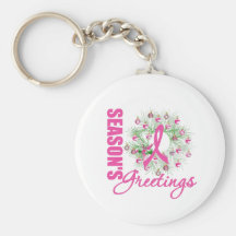 Season's Greetings Pink Ribbon Wreath Keychain