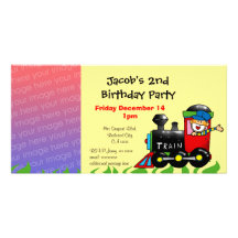 Second birthday party train boy custom photo card