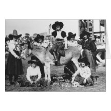 Seven rodeo cowgirls jokingly posing with a donkey greeting cards