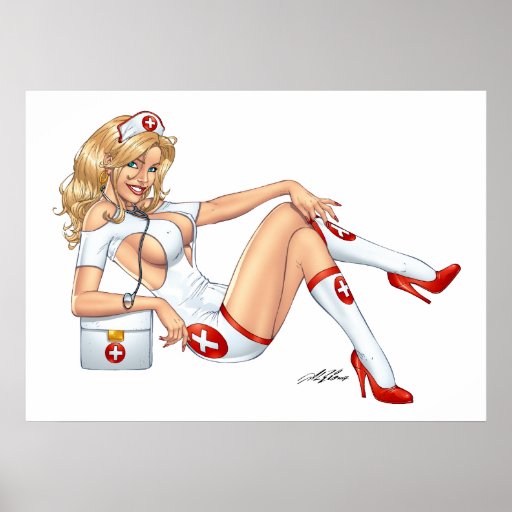 Sexy Nurse Pin-up pulling at Stockings by Al Rio Print