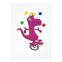 silly t-rex dino juggling on unicycle cartoon personalized invite