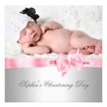 Silver Pink Damask Bow Girl Photo Christening Personalized Invitations