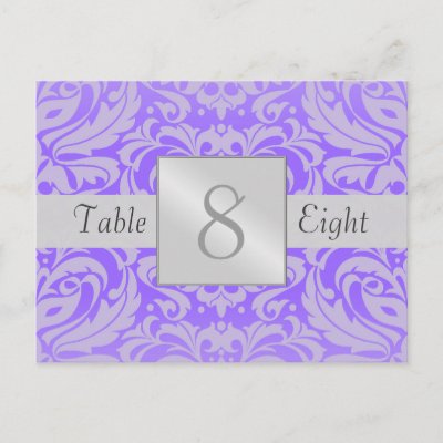 Silver Purple Damask Wedding Table Number Card Postcard by theedgeweddings
