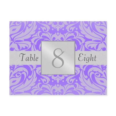 Silver Purple Damask Wedding Table Number Card Postcard by theedgeweddings