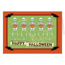 Skeletons holding pumpkins greeting cards