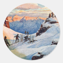 Skiing in the Mountains Round Stickers