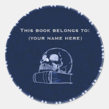 Skull and a book, dark blue round stickers