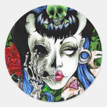 skull lady round sticker