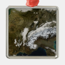Snow, fog, and low clouds in western Europe Christmas Ornaments
