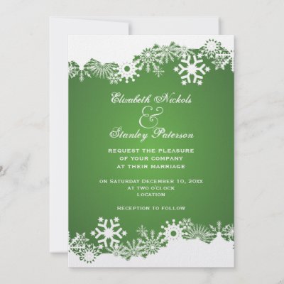 Snowflake green winter wedding invitation featuring a white border of 