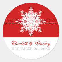 Snowflake red winter wedding Save the Date Round Stickers