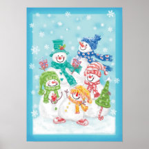 Snowman Family in the Snow Ready for Christmas Posters
